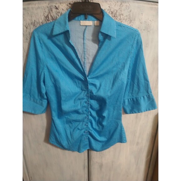 New York & Company Stretch Collared Button Up Blouse Blue Small Y2K - Picture 6 of 11